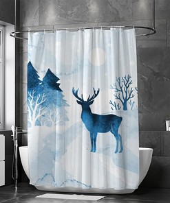 Watercolor Winter Landscape Trees Deer Restroom Shower Curtains, Waterproof Fabric