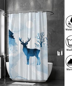 Watercolor Winter Landscape Trees Deer Restroom Shower Curtains, Waterproof Fabric