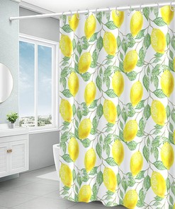 Watercolor Yellow Lemon Juice and Green Leaf Shower Curtain Set for Bathroom Decor
