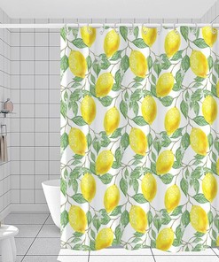 Watercolor Yellow Lemon Juice and Green Leaf Shower Curtain Set for Bathroom Decor