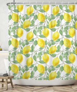 Watercolor Yellow Lemon Juice and Green Leaf Shower Curtain Set for Bathroom Decor