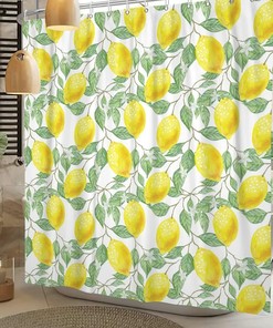 Watercolor Yellow Lemon Juice and Green Leaf Shower Curtain Set for Bathroom Decor