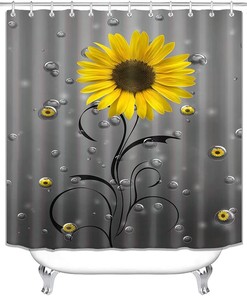 Waterdrop Grey Yellow Sunflower Shower Curtain For Bathroom Decor