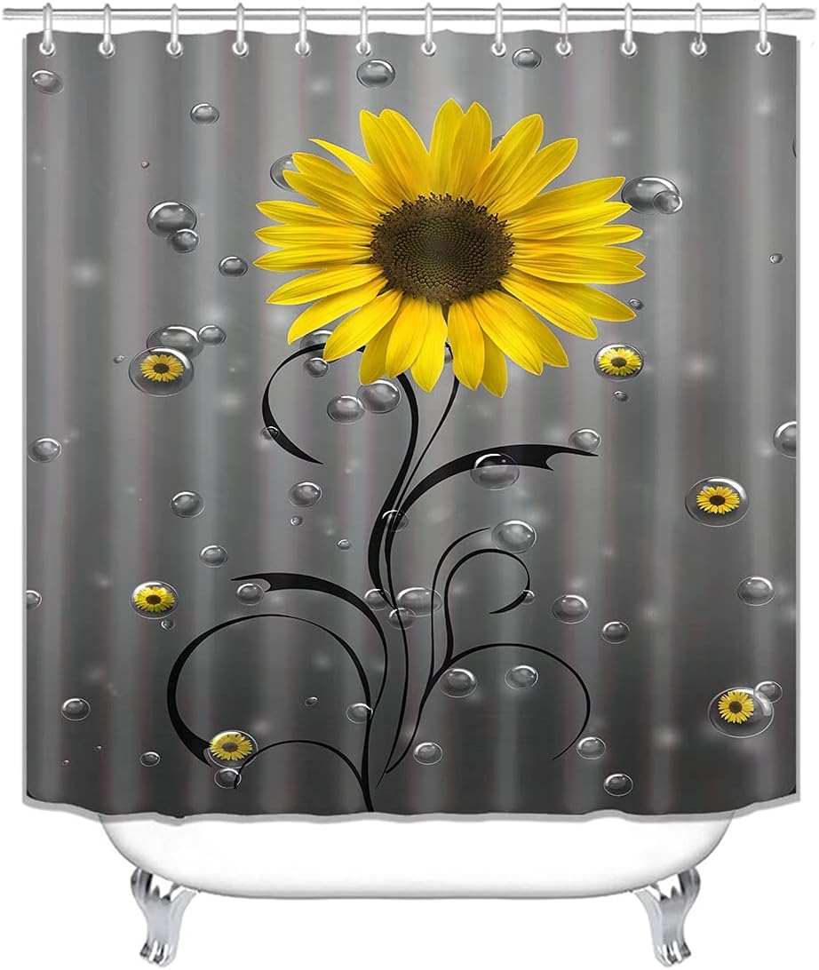 Waterdrop Grey Yellow Sunflower Shower Curtain For Bathroom Decor