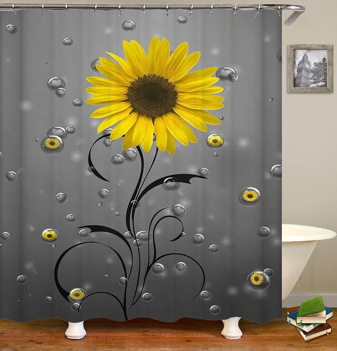 Waterdrop Grey Yellow Sunflower Shower Curtain For Bathroom Decor