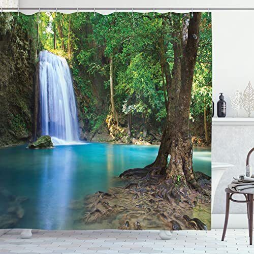 Waterfall Asia Thailand Jungle Tropic Print Shower CurtainTropical Bathroom Decor for Women & Nature Lovers
