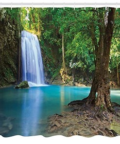Waterfall Asia Thailand Jungle Tropic Print Shower CurtainTropical Bathroom Decor for Women & Nature Lovers