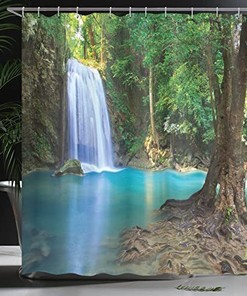 Waterfall Asia Thailand Jungle Tropic Print Shower CurtainTropical Bathroom Decor for Women & Nature Lovers