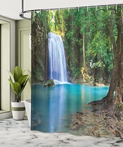 Waterfall Asia Thailand Jungle Tropic Print Shower CurtainTropical Bathroom Decor for Women & Nature Lovers