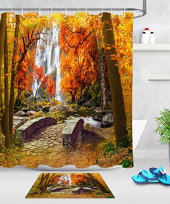 Waterfall Bridge Shower Curtain - Autumn Forest Trees River Design