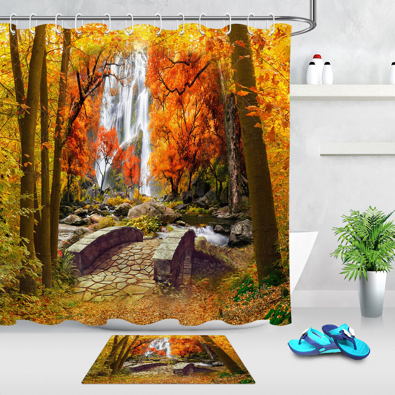 Waterfall Bridge Shower Curtain - Autumn Forest Trees River Design