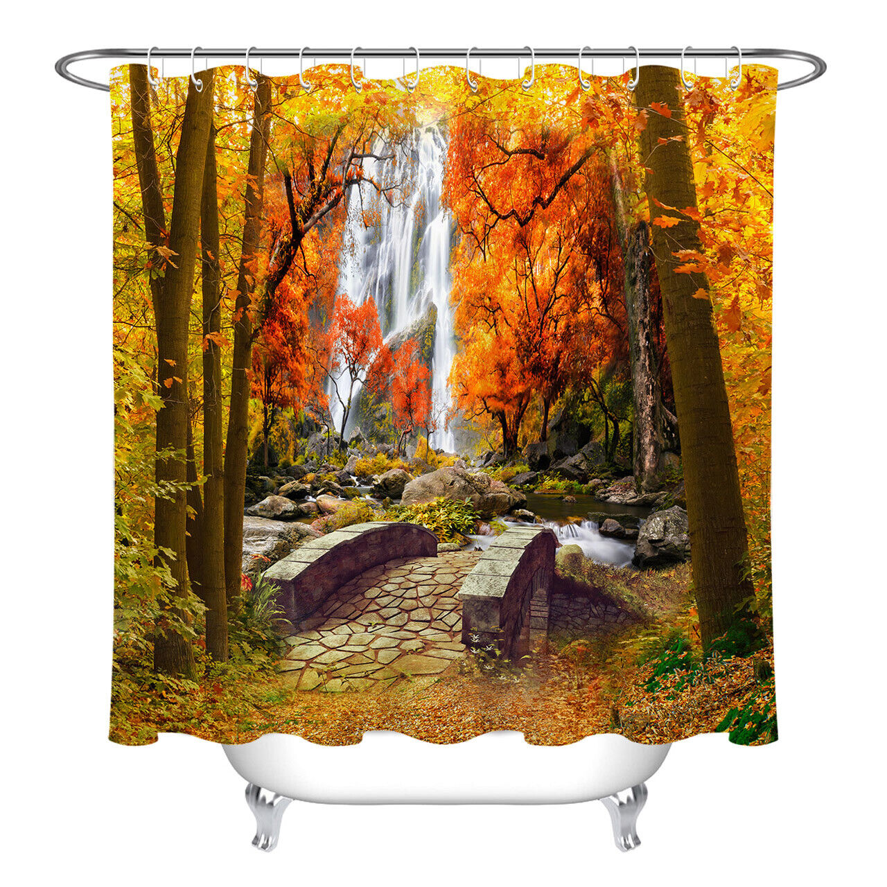 Waterfall Bridge Shower Curtain - Autumn Forest Trees River Design - Image 2
