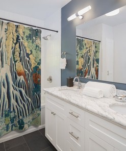 Waterfall Decor Japanese Woodblock Shower Curtain with Hokusai Art for Asian Bathroom Decor