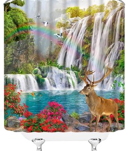 Waterfall Deer Forest Wildlife Moose Shower Curtain for Nature Lovers