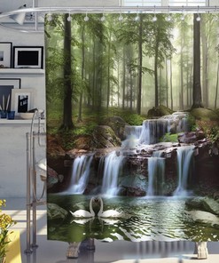 Waterfall Forest Lake Landscape Swan Shower Curtain