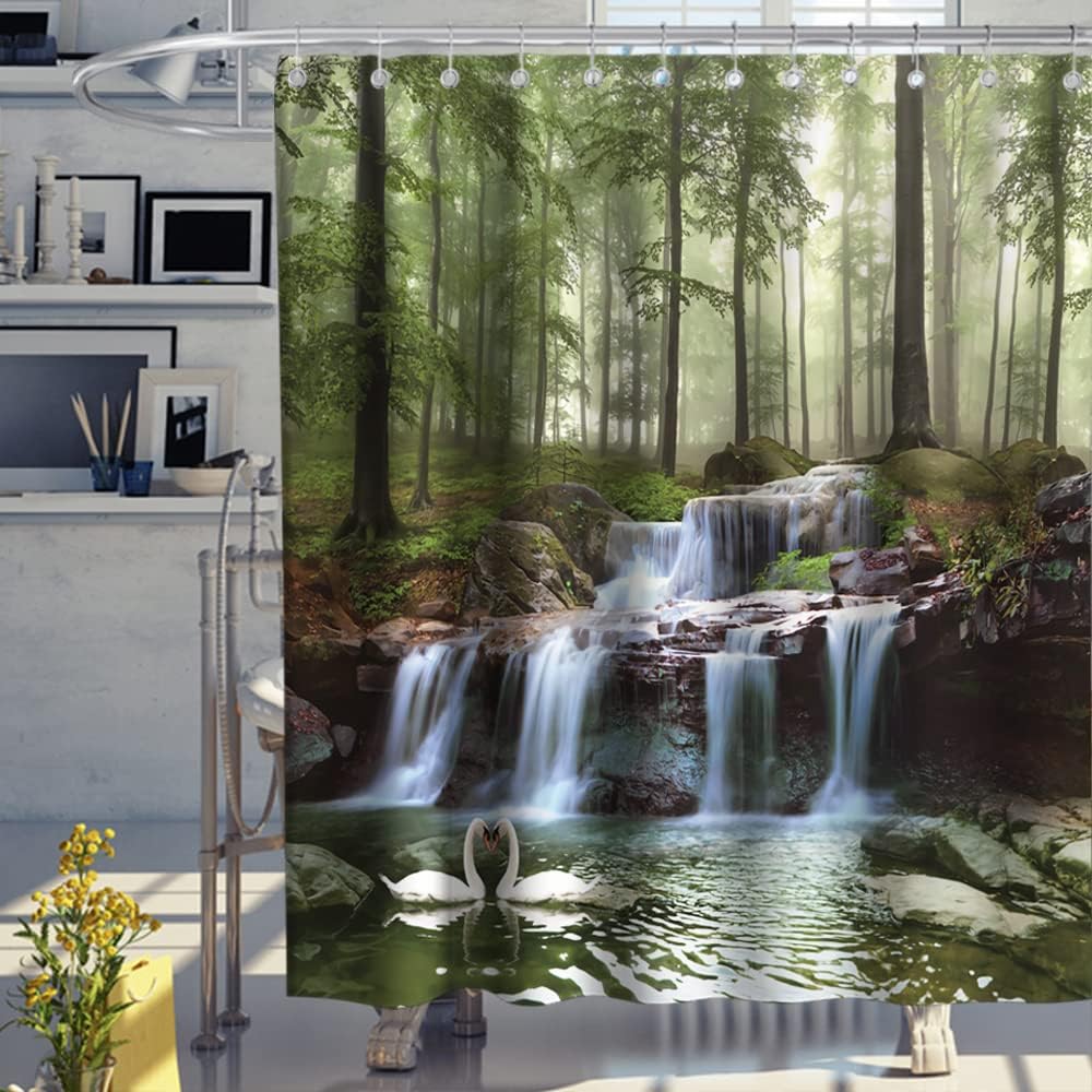 Waterfall Forest Lake Landscape Swan Shower Curtain