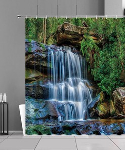 Waterfall Forest Landscape Shower Curtain with Green Natural Scenery - Waterproof Bathroom Decor