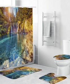 Waterfall Forest Landscape Waterproof Shower Curtain Set for Bathroom 