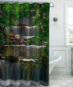 Waterfall Jungle Shower Curtain, Tropical Landscape Forest Bathroom Decor