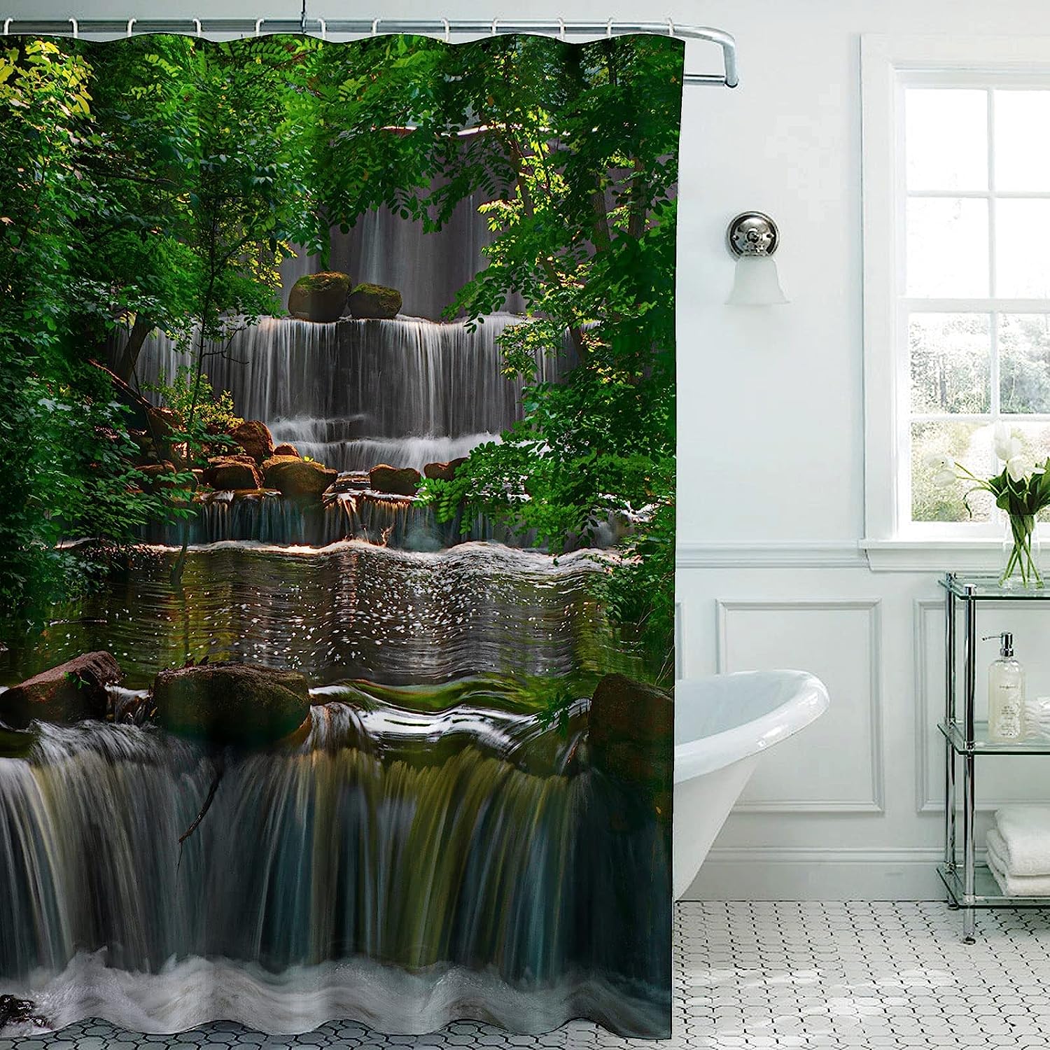 Waterfall Jungle Shower Curtain, Tropical Landscape Forest Bathroom Decor