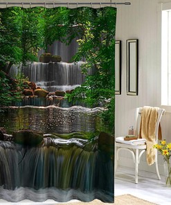 Waterfall Jungle Shower Curtain, Tropical Landscape Forest Bathroom Decor