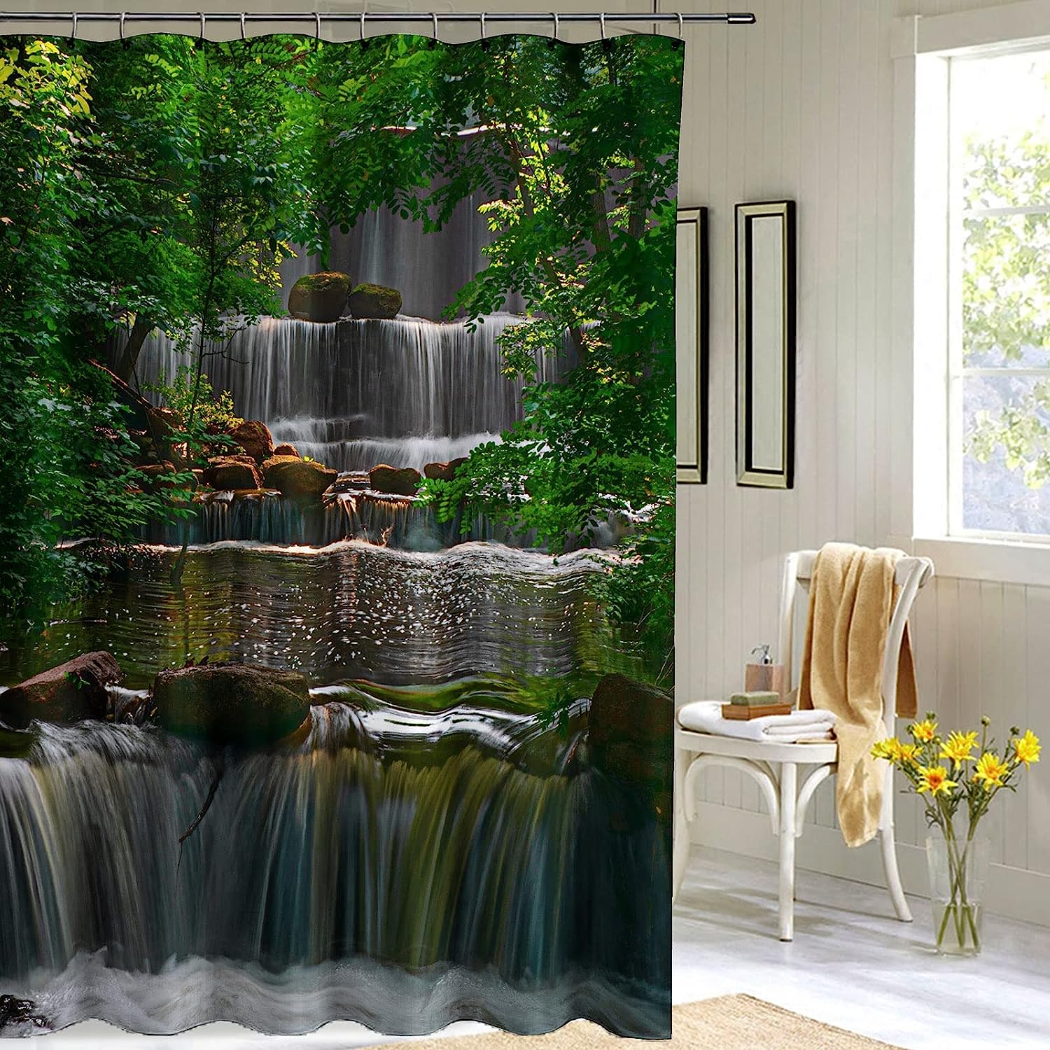 Waterfall Jungle Shower Curtain, Tropical Landscape Forest Bathroom Decor