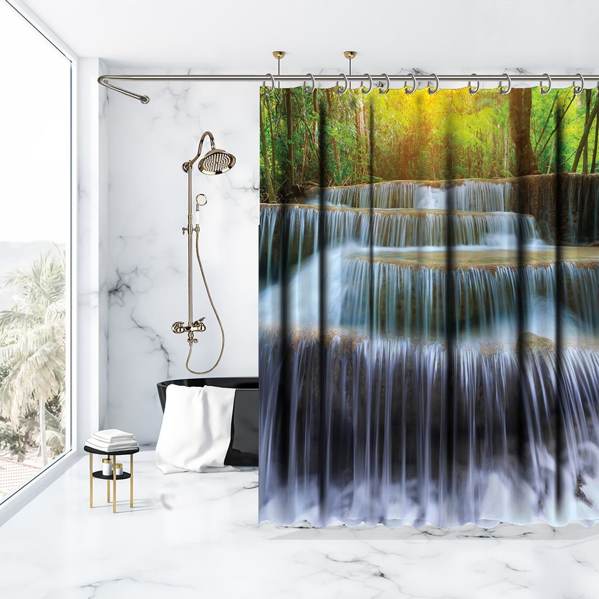 Waterfall Landscape Printed Waterproof Shower Curtain for Natural Bathroom Decor