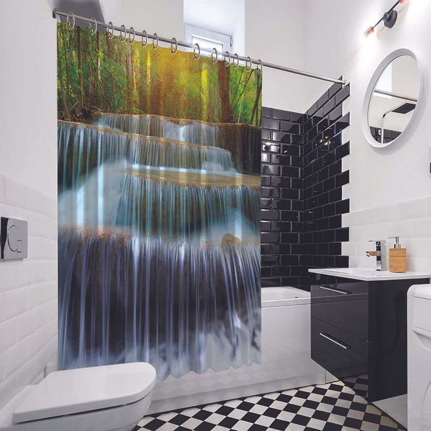 Waterfall Landscape Printed Waterproof Shower Curtain for Natural Bathroom Decor