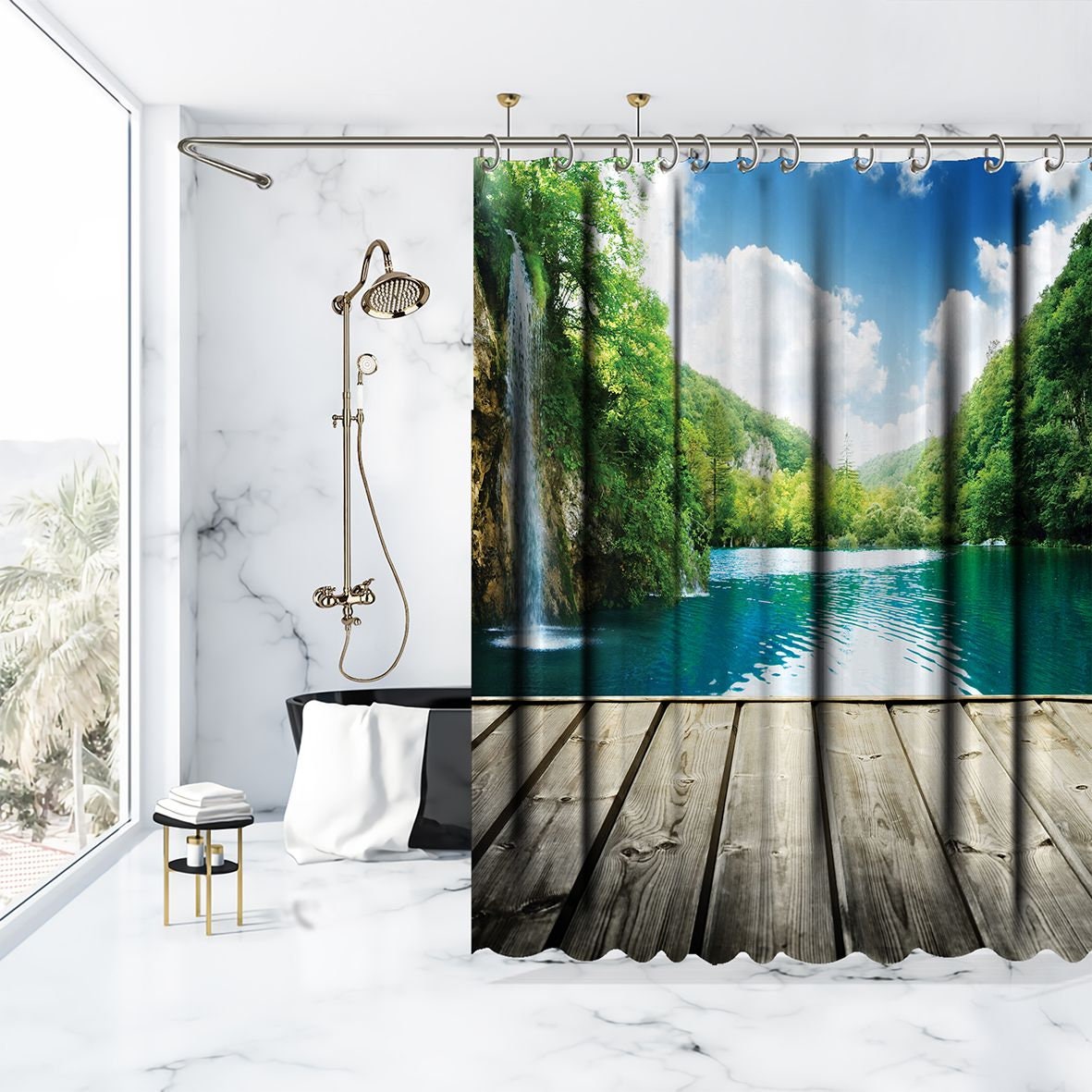 Waterfall Landscape Printed Waterproof Shower Curtain for Peaceful Bathroom Decor
