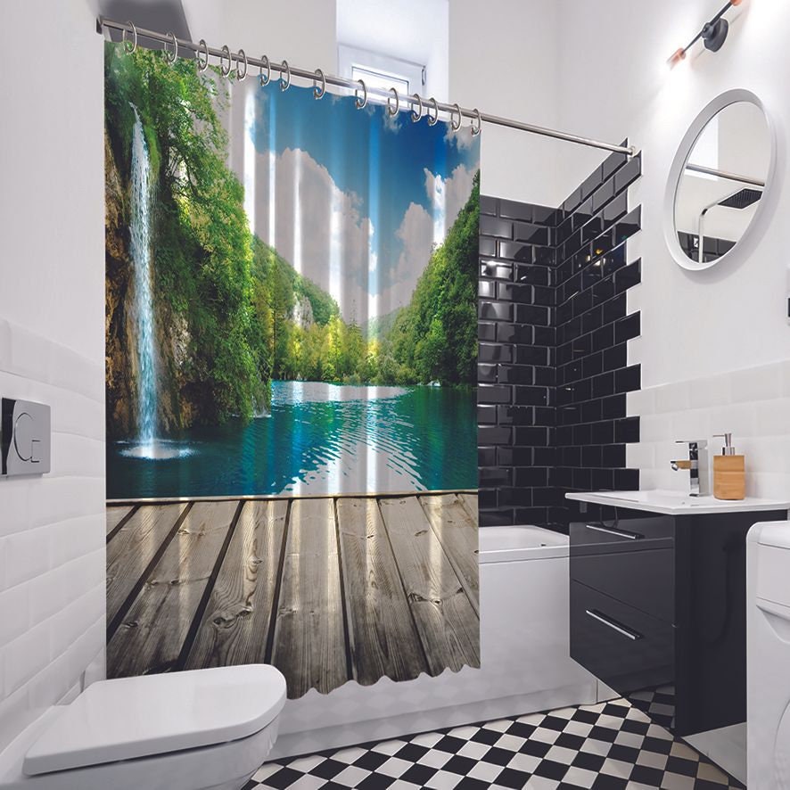 Waterfall Landscape Printed Waterproof Shower Curtain for Peaceful Bathroom Decor
