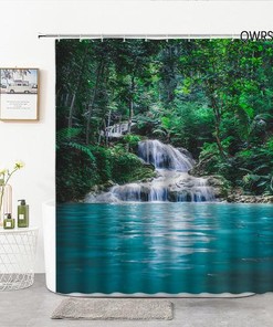 Waterfall Landscape Shower Curtain For Serene Green Forest Bathroom Decor 