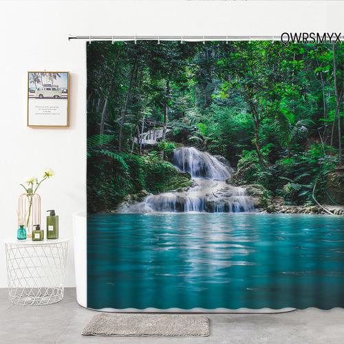 Waterfall Landscape Shower Curtain For Serene Green Forest Bathroom Decor