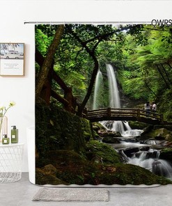 Waterfall Landscape Shower Curtain For Serene Green Forest Bathroom Decor