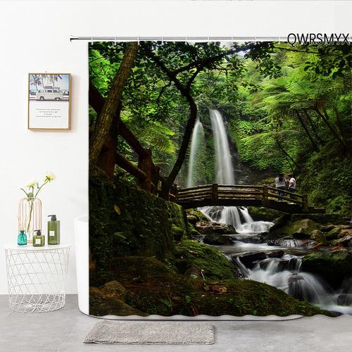Waterfall Landscape Shower Curtain For Serene Green Forest Bathroom Decor