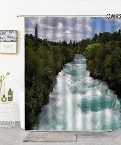 Waterfall Landscape Shower Curtain For Serene Green Forest Bathroom Decor