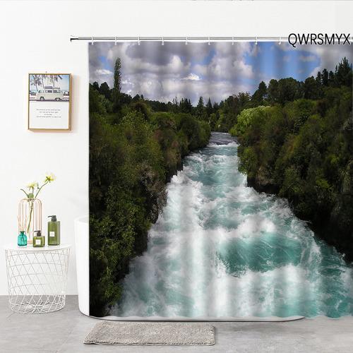 Waterfall Landscape Shower Curtain For Serene Green Forest Bathroom Decor