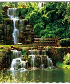 Waterfall Landscape Shower Curtain Green Leaves Natural Scenery Water Falls Stone Bathroom