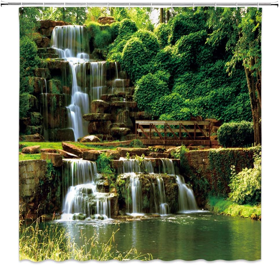 Waterfall Landscape Shower Curtain Green Leaves Natural Scenery Water Falls Stone Bathroom