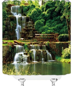 Waterfall Landscape Shower Curtain Green Leaves Natural Scenery Water Falls Stone Bathroom