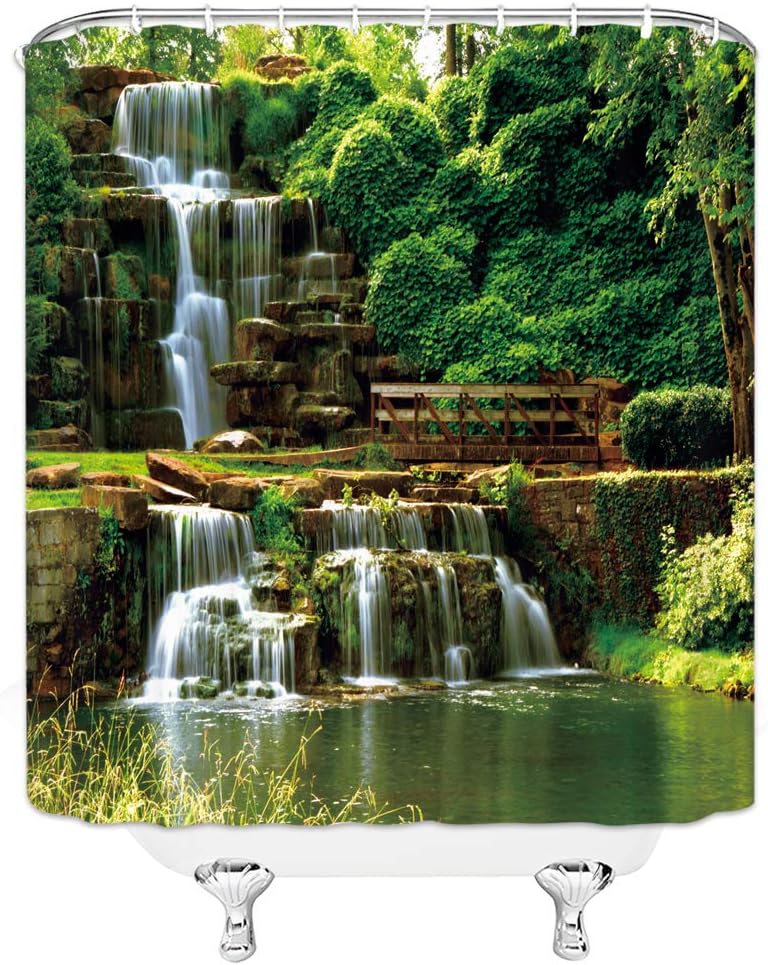 Waterfall Landscape Shower Curtain Green Leaves Natural Scenery Water Falls Stone Bathroom