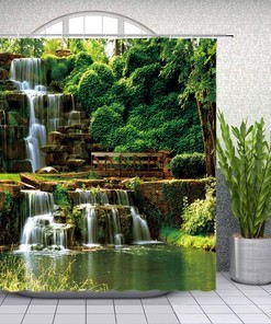 Waterfall Landscape Shower Curtain Green Leaves Natural Scenery Water Falls Stone Bathroom