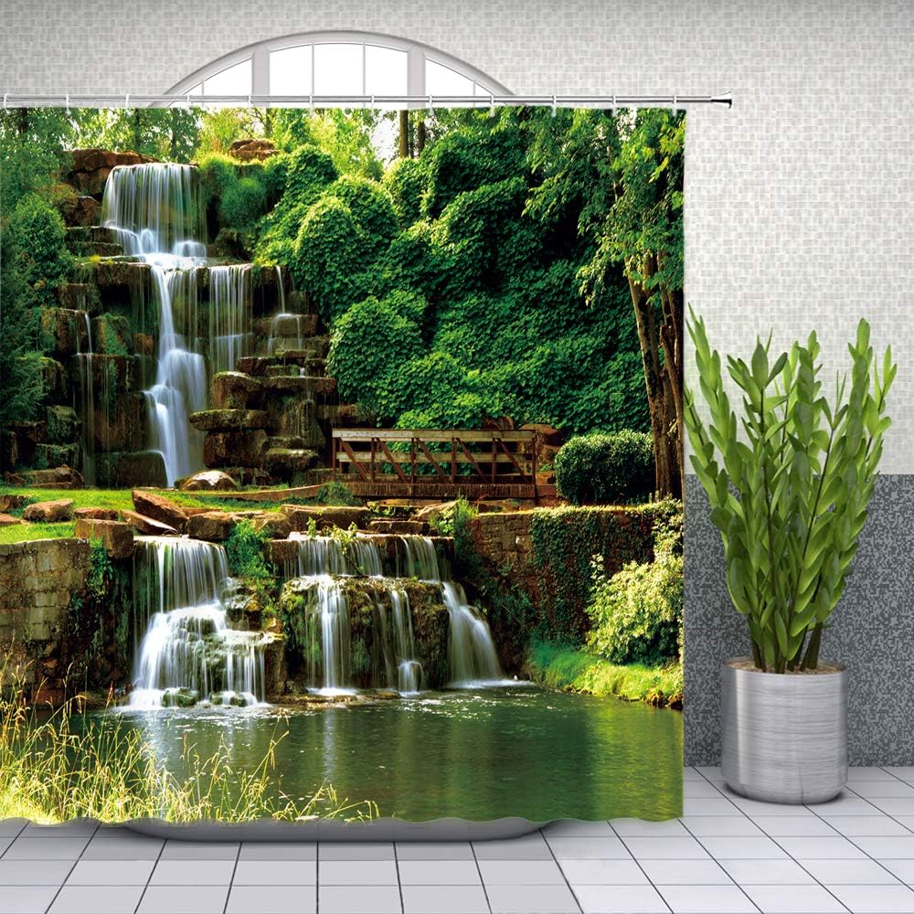 Waterfall Landscape Shower Curtain Green Leaves Natural Scenery Water Falls Stone Bathroom