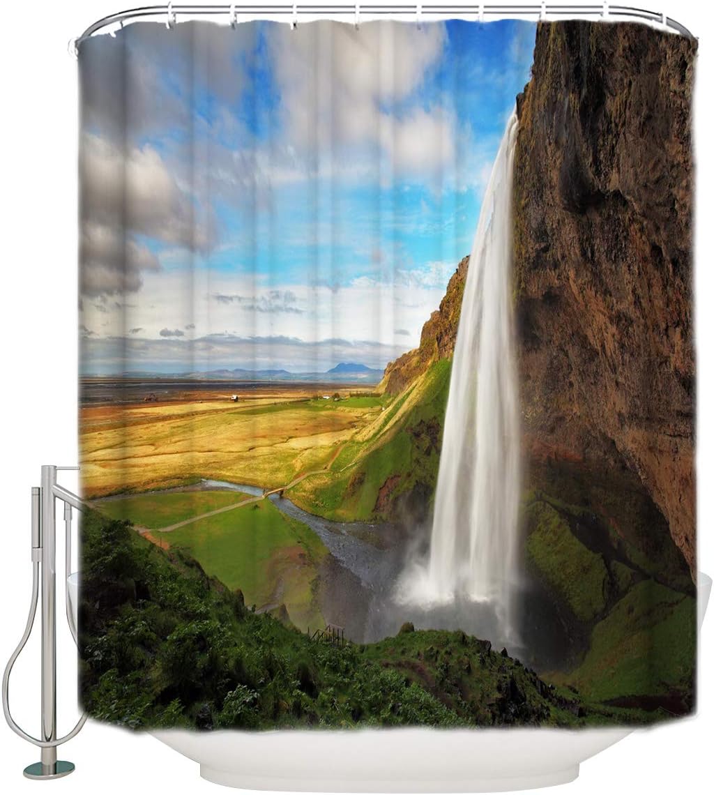 Waterfall Landscape Sky Shower Curtain For A Serene Bathroom Ambience.