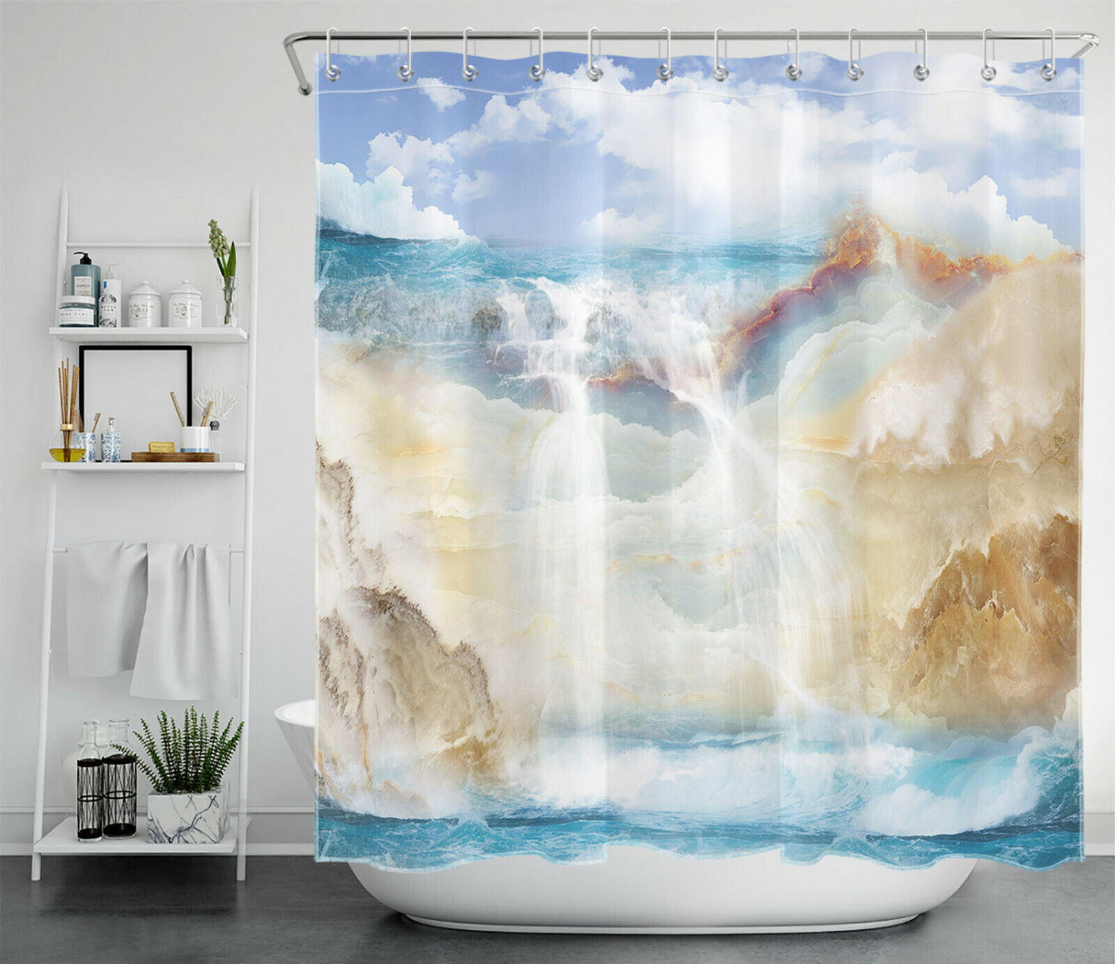Waterfall Mountains Shower Curtain With A Marble Texture For Abstract Ocean Bathroom Decor - Image 2