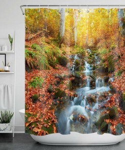 Waterfall Natural Landscape Autumn Shower Curtain - A Perfect Blend Of Nature And Tranquility