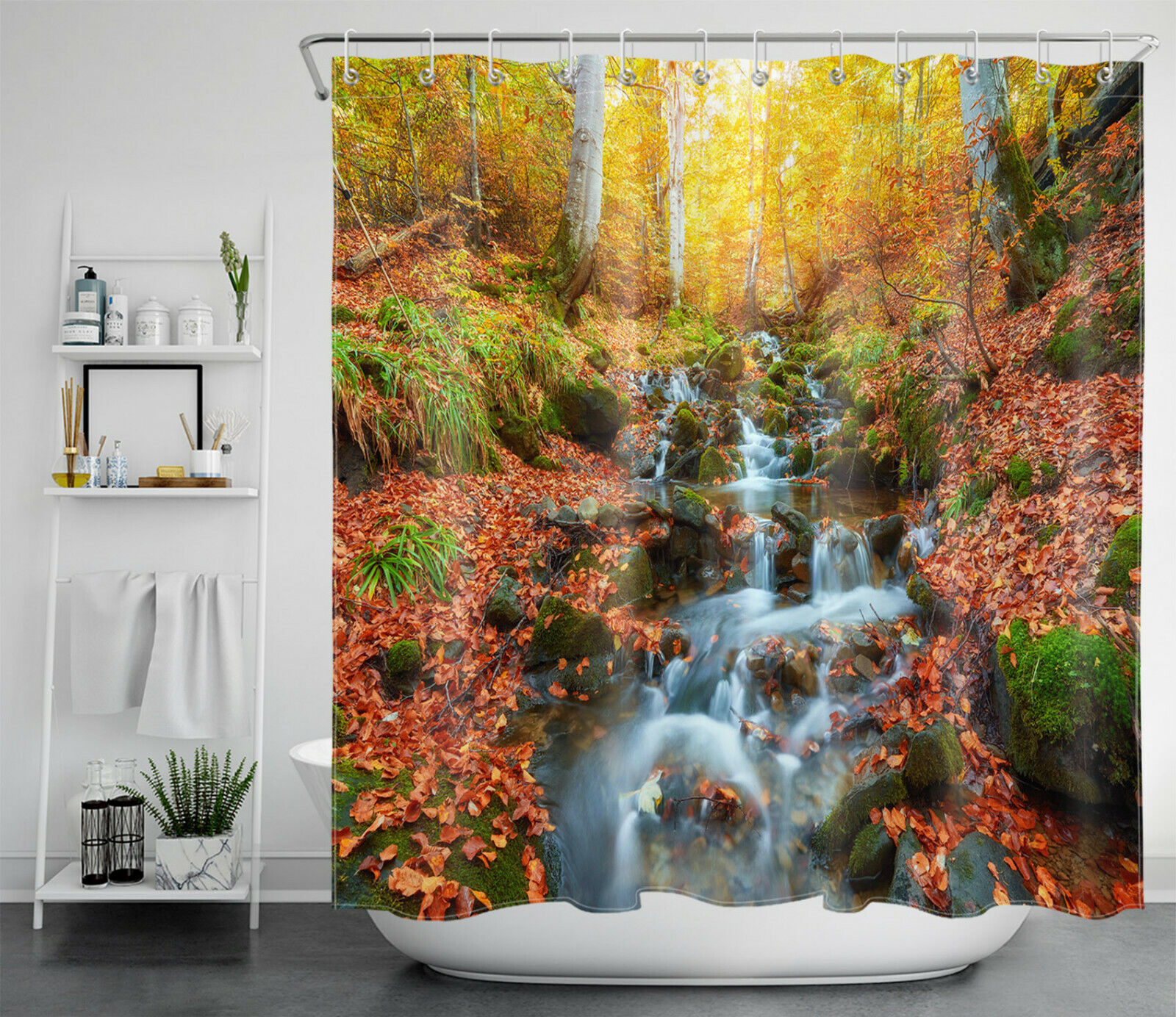 Waterfall Natural Landscape Autumn Shower Curtain - A Perfect Blend Of Nature And Tranquility