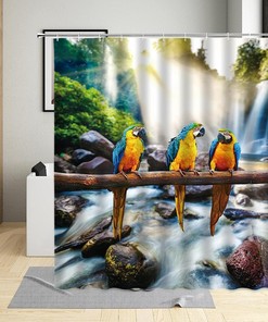 Waterfall Parrot Shower Curtain with Green Plant Bird Animal Natural Landscape - Fabric Bathroom Decor