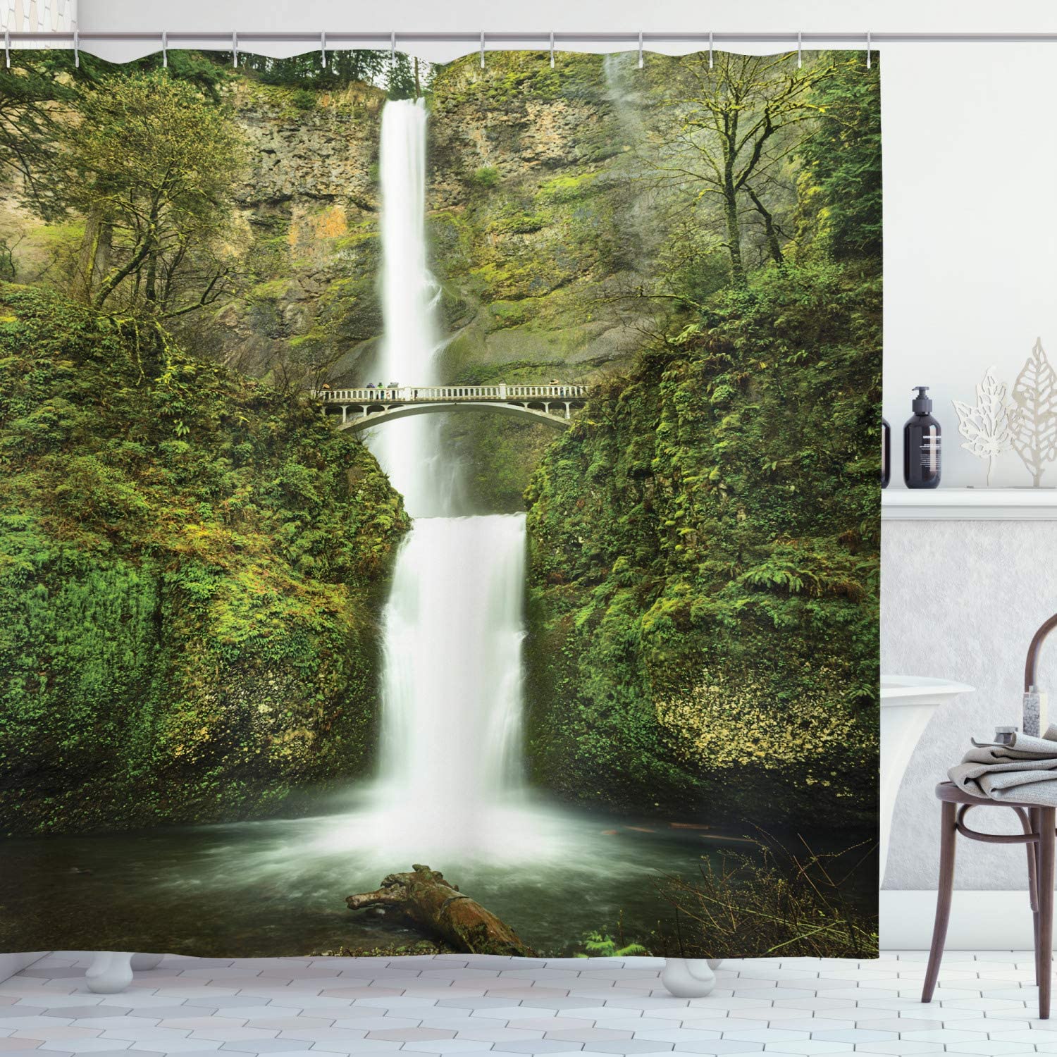 Waterfall Path Shower Curtain | Bare Life Trees & Greenery Nature Image | Cloth Fabric Bathroom Decor (Green)
