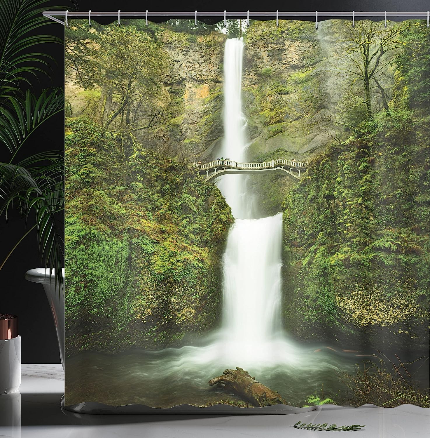 Waterfall Path Shower Curtain | Bare Life Trees & Greenery Nature Image | Cloth Fabric Bathroom Decor (Green) - Image 3