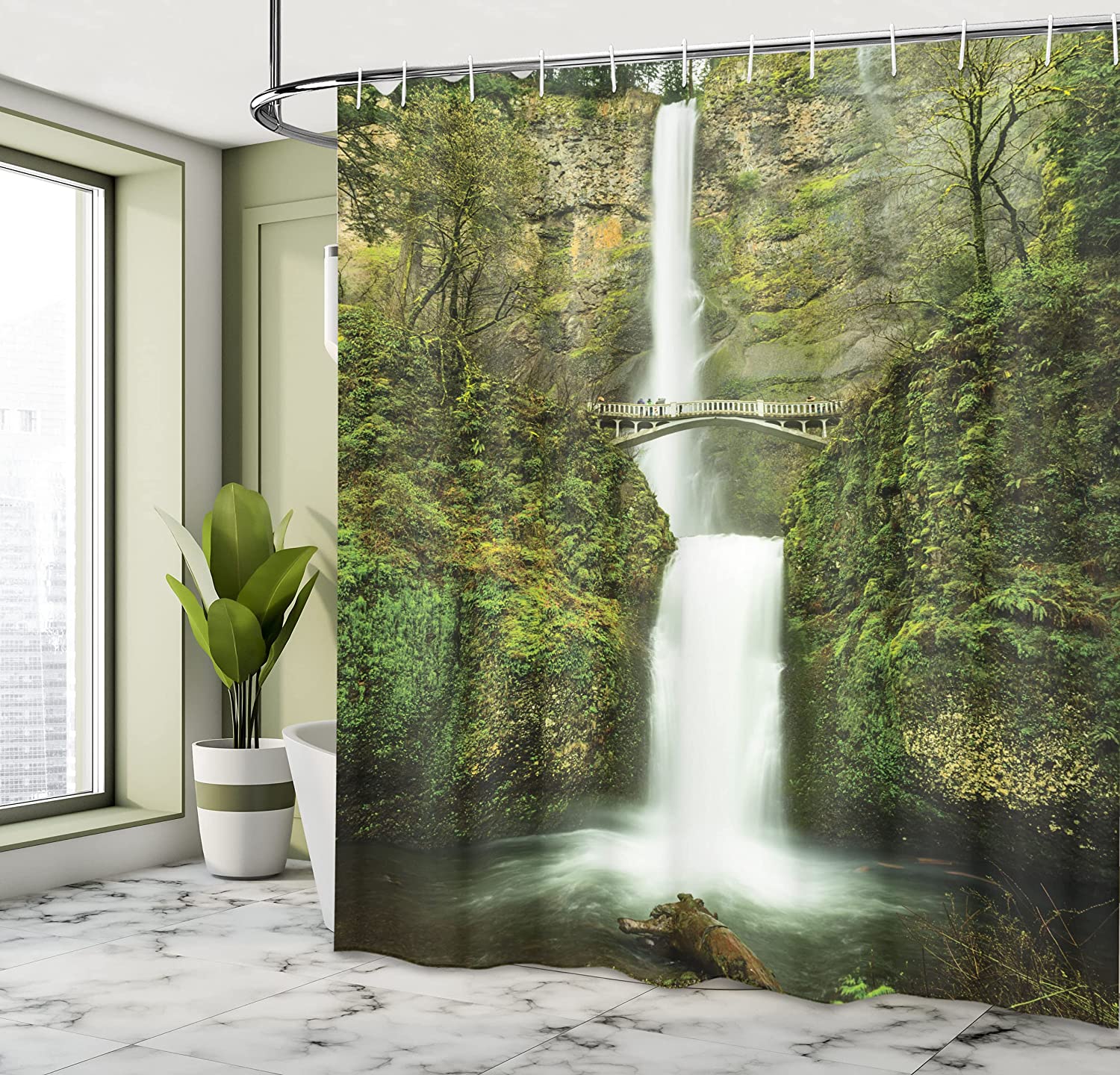 Waterfall Path Shower Curtain | Bare Life Trees & Greenery Nature Image | Cloth Fabric Bathroom Decor (Green) - Image 4